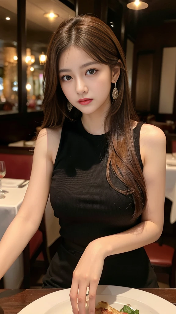 masterpiece, highest quality, Realistic, Very detailed, Finer details, High resolution, 8k wallpaper, One beautiful woman, Wear an elegant black see-through shirt, In a great restaurant, At night, Light brown messy hair, Perfect dynamic composition, Beautiful and beautiful eyes、Big earrings、Sleeveless shirt、