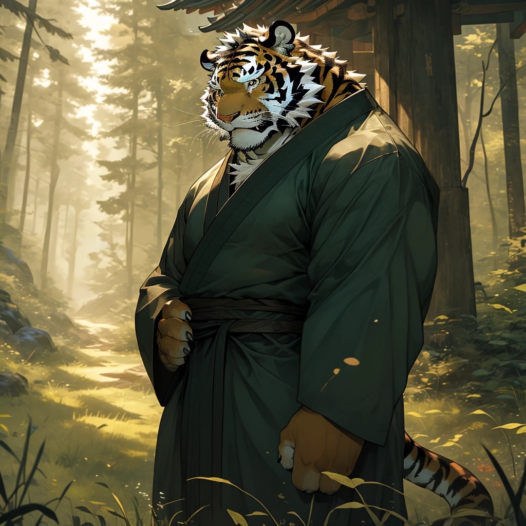 In the dense forest, the cursed black tiger with black fur is naked from the waist up, living in seclusion in the forest. Standing next to the isolated grass house, he is practicing Kung Fu and looking into the distance. The mature, deep, and experienced black tiger with black fur