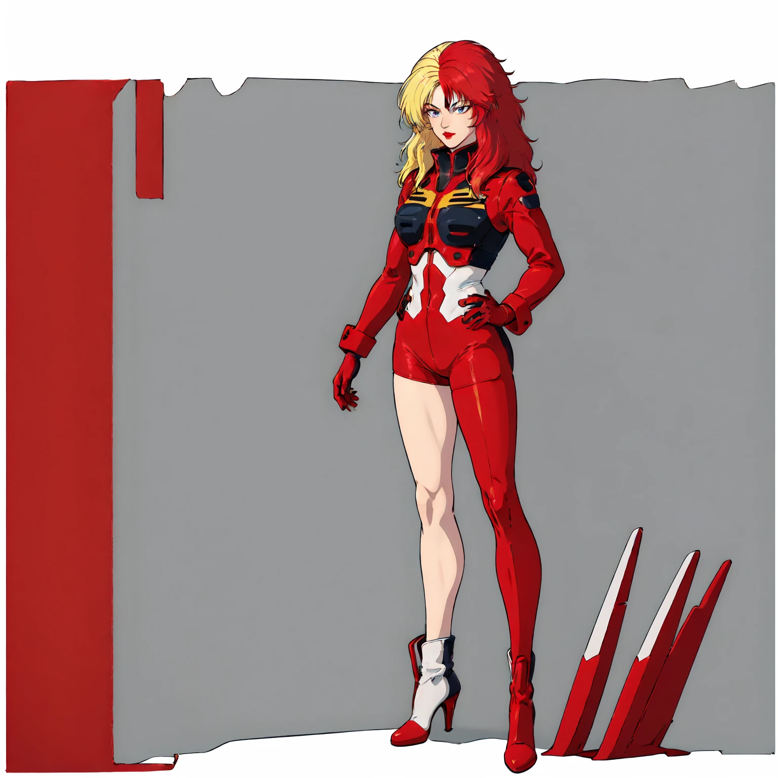 ((Full body photo, standing, feet on the ground))masterpiece,high quality,white background,solo,
chara_soon,1woman,
long hair,multicolored hair,two-tone hair,split-color hair,blonde hair,red hair,makeup,grey eyes,lipstick,
pilot suit,zion,
gloves,
boots,high heels,