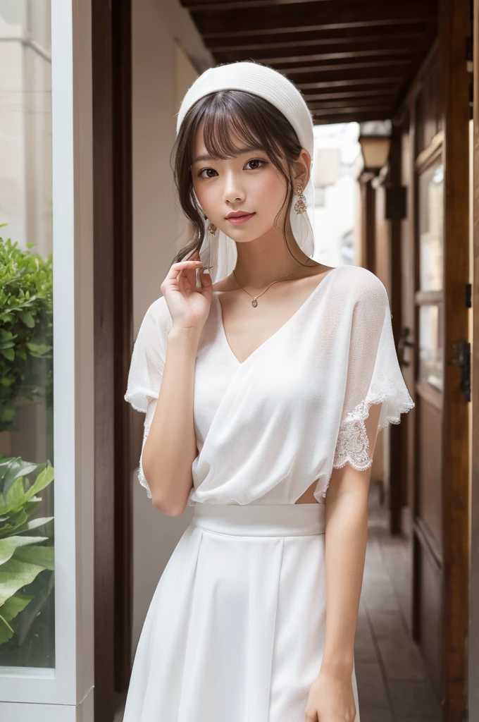((Best-quality, Masterpiece, Ultra-High-Resolution, (Photorealistic:1.4), Raw-Photo, Extremely-Details, Perfect-Anatomy)), 1girls, the most popular Japanese-actress, wearing white lacey panties under pleated-skirt, innocent smile, extremely beautiful face like a most famous Japanese-actress, extremely beautiful big-black-solid-eyes, extremely beautiful black-short-cut-haired