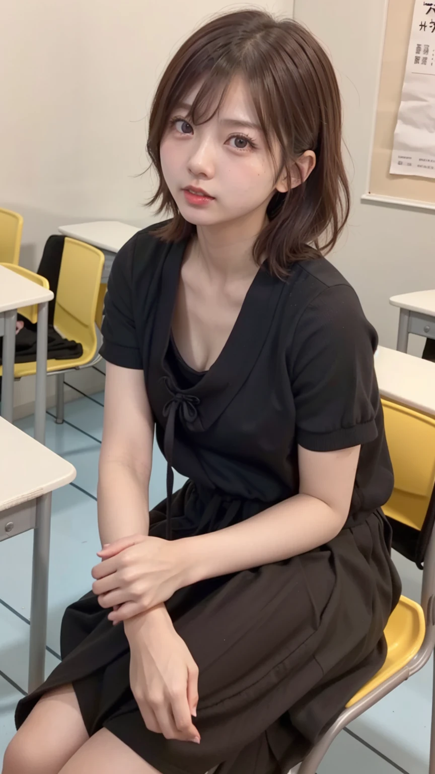 8K quality、High resolution、Beautiful fair skin texture、High resolutionの瞳、Japanese high school girls、Summer uniform、Open-neck short-sleeved white shirt、Cleavage、mini skirt、Brown Princess Hair、、Small breasts、Sweat accumulates in the chest、classroom