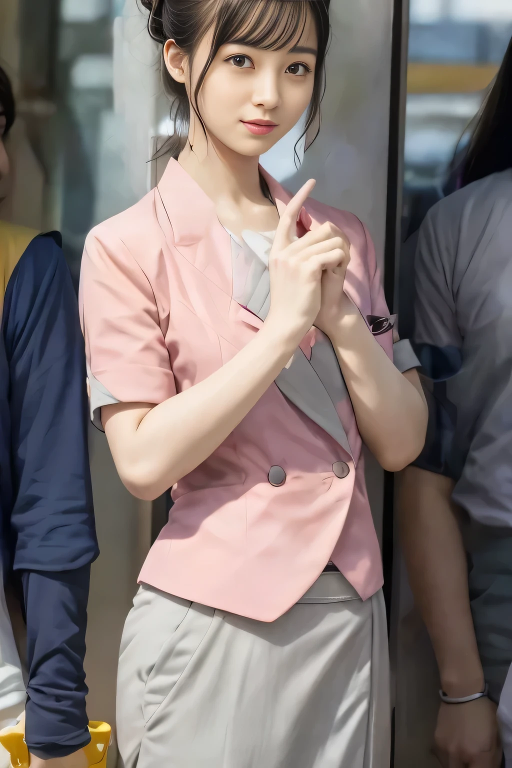 (masterpiece:1.2, Highest quality:1.2), 32k HDR, High resolution, (alone、1 girl)、（On the rooftop of a building in the daytime、Professional Lighting）、Building rooftop background、（Nankai train crew uniform pinkを着たリアルスタイル）、（Nankai train crew uniform pink short sleeve collarless pink jacket、Nankai Train Crew Uniform Pink Collarless Short Sleeve Blouse、Nankai Train Crew Uniform Pink Grey Knee-length Culottes）、（（The bottom of the pink short-sleeved jacket cannot be tucked into the clay-colored culottes.））、Dark brown hair、（Hair tied up、Hair Bun、Hair Bun）、Dark brown hair、Long Shot、Big Breasts、Thin legs、（（Great hands：2.0）），（（Harmonious body proportions：1.5）），（（Normal limbs：2.0）），（（Normal finger：2.0）），（（Delicate eyes：2.0）），（（Normal eyes：2.0））)、（Nankai Train Crew Uniform Pink Grey Knee-length Culottesを見せた美しい立ち姿）、smile