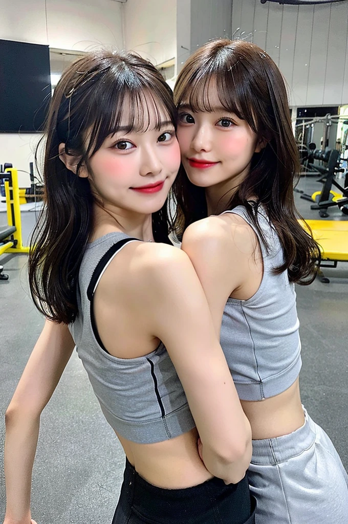 Two girls in the gym,Light gray sports bra,Light grey sports pants,27 years old,bangs,A small smile,Thighs,knees、Looking back and looking back、longhair
wavehair Girl、Bobcut Girl,From below,Front light