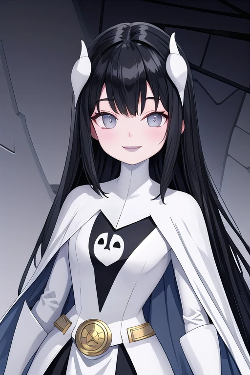 Phantom girl, long black hair, grey eyes, smile, white hair ornament, grey lips, white cape, best quality, masterpiece, cape covered whole body, body cape