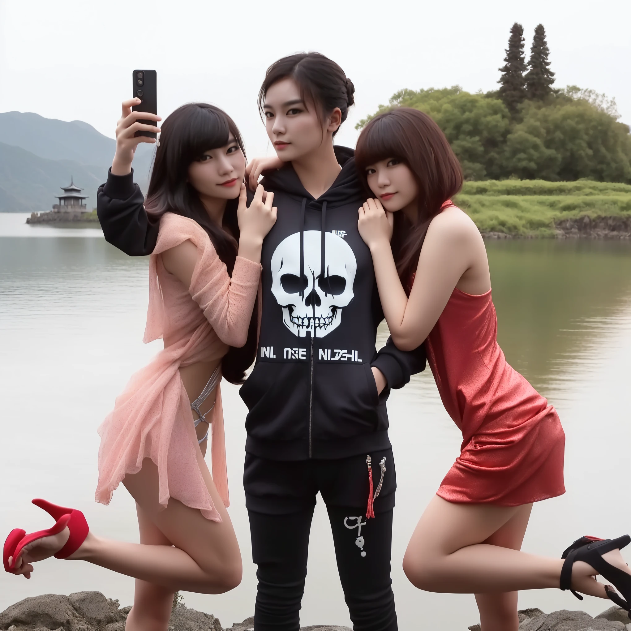 three asian people posing for a picture with a lake in the background, in style bikini g-string photoshoot, skull image on the vest, & jeehyung lee & wlop, killstar, profile picture 1024px, skull like, photo taken with nikon d 7 5 0, photo taken with nikon d750, live, high quality upload