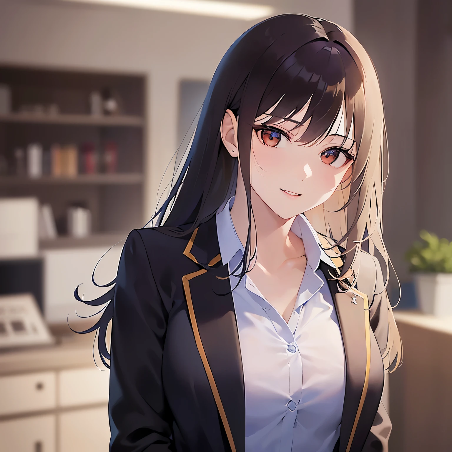 Upper Body, Realistic, real person, (pale skin: 1.2), RAW photo, photorealistic, shiny skin, shiny hair、(A 25-year-old woman with medium-length hair and bangs) and (wavy hair) and (brown hair) and (Orange Eyes) , (business suit:1.5) and (white collared shirt) 、smile, Background is an office room、Alone、Are standing