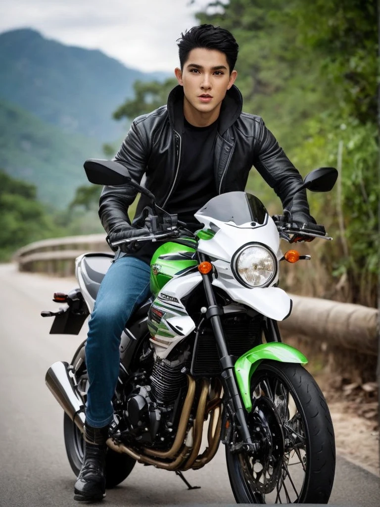 full body, a man is riding a big motorcycle