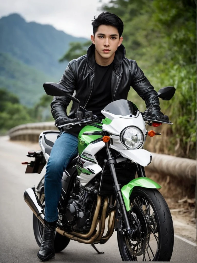 full body, a man is riding a big motorcycle