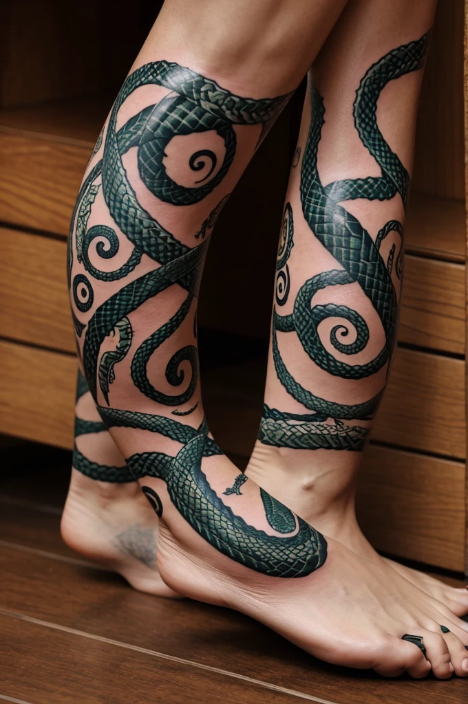 leg tattoo of snakes crisscrossing with angry faces