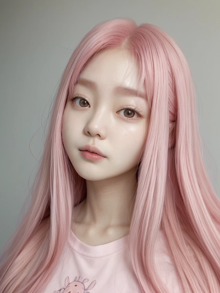 Korean face with long pink hair