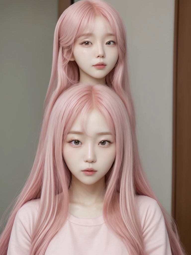 Korean face with long pink hair