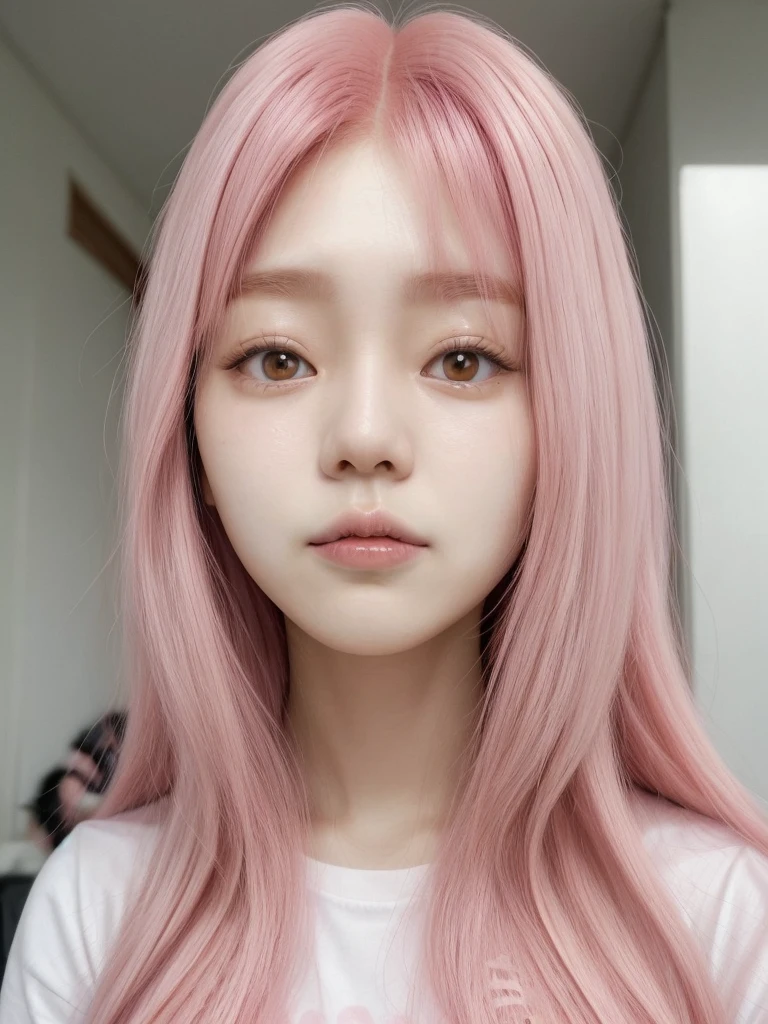 Korean face with long pink hair