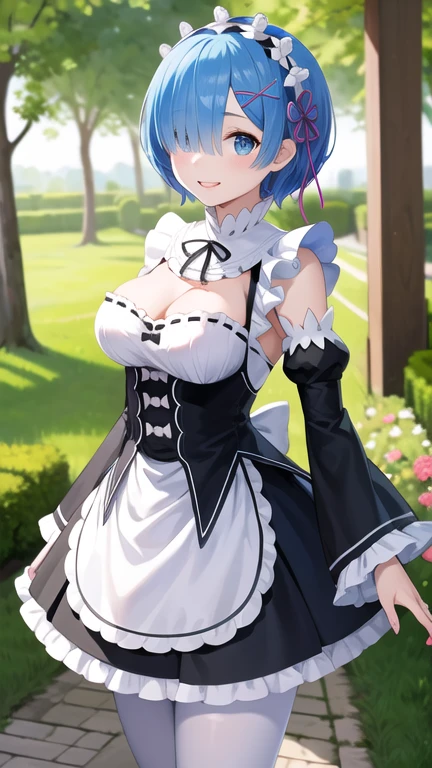 masterpiece, best quality, highres, aarem, short hair, maid headdress, x hair ornament, hair ribbon, hair over one eye, large breasts, frills, neck ribbon, cleavage, dress, detached sleeves, white apron, waist apron, white pantyhose, standing, cowboy shot, smile, outdoors, garden