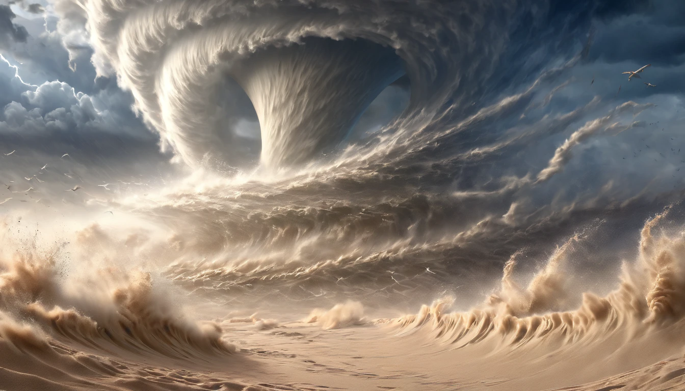 masterpiece, best quality, extremely detailed, hyperrealistic, photorealistic, sea, tornado, sand storm, strong wind
