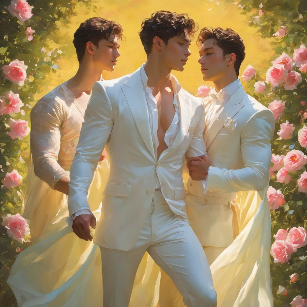 2 young men wearing clothes made of translucent colored fabrics kissing, their clothes expose their bodies in a suggestive way, they have fine fabrics and the wind, they are enveloped in an aura of magic and dust, natural elements, bulge 