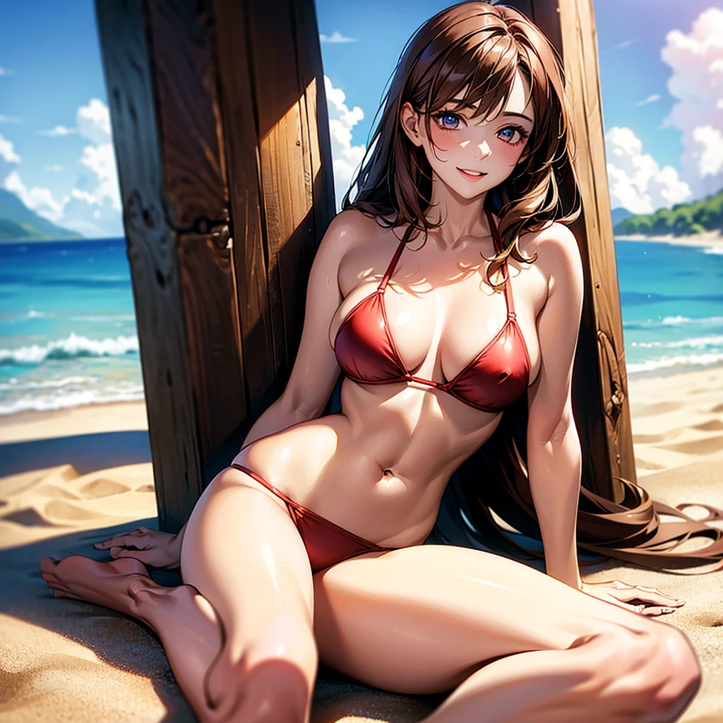 (masterpiece、Highest quality、High resolution、Highest quality、Realistic depiction)Created by Girl(whole body)、Brown hair long、Beautiful Eyes、Red Bikini、Emphasizing body lines、Sexy pose、slouch、Chest、Big Breasts、Chest、 lure、valley、smile、Beach、