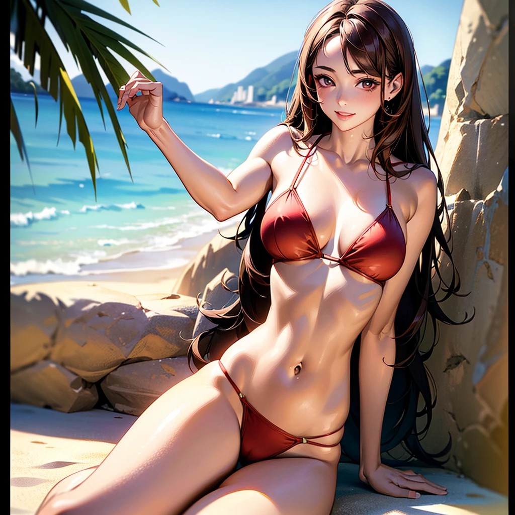 (masterpiece、Highest quality、High resolution、Highest quality、Realistic depiction)Created by Girl(whole body)、Brown hair long、Beautiful Eyes、Red Bikini、Emphasizing body lines、Sexy pose、slouch、Chest、Big Breasts、Chest、 lure、valley、smile、Beach、