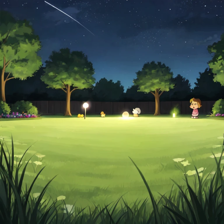 Lawn under the night sky，Cartoon style