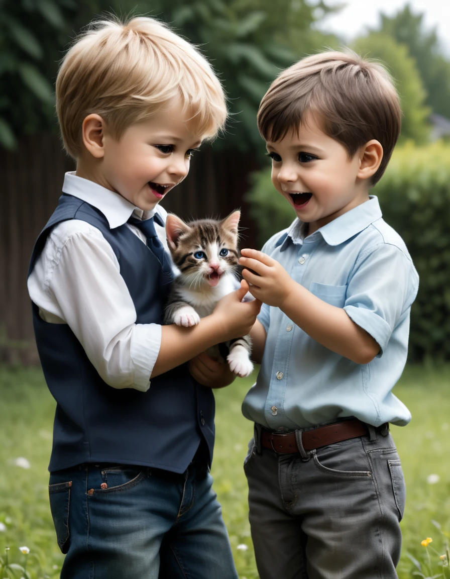 The boy's friend sees the kitten and exclaims, ``It's cute!'' The two are playing with the kitten.