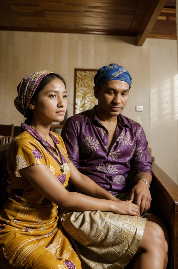 A 35 year old man wearing batik clothes, a 31 year old woman wearing batik clothes and a headscarf,a  girl wearing batik and a headscarf, a 4 year old ging a batik dress,sit on the chair,family room background.Realistic, original photo.