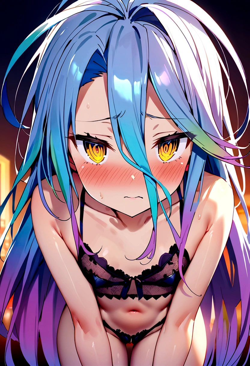 NSFW,masterpiece,Highest quality,High resolution,Super detailed,Shiro \(no game No life\),Long Hair,Multicolored Hair,Hair between the eyes,Gradient Hair,Yellow Eyes,Flat Chest,High-quality sexy lingerie,Love Hotel at Night,Embarrassed,blush