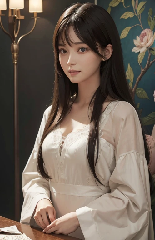 There is a woman, upper body, long hair, delicate skin texture and cloth texture, delicate eyes, long eyelashes, double eyelids, wearing no clothes, bae suzy, Ghibli anime style, wearing no skirt, inspired by Shen Se-jung, elegant no clothing style, innocent