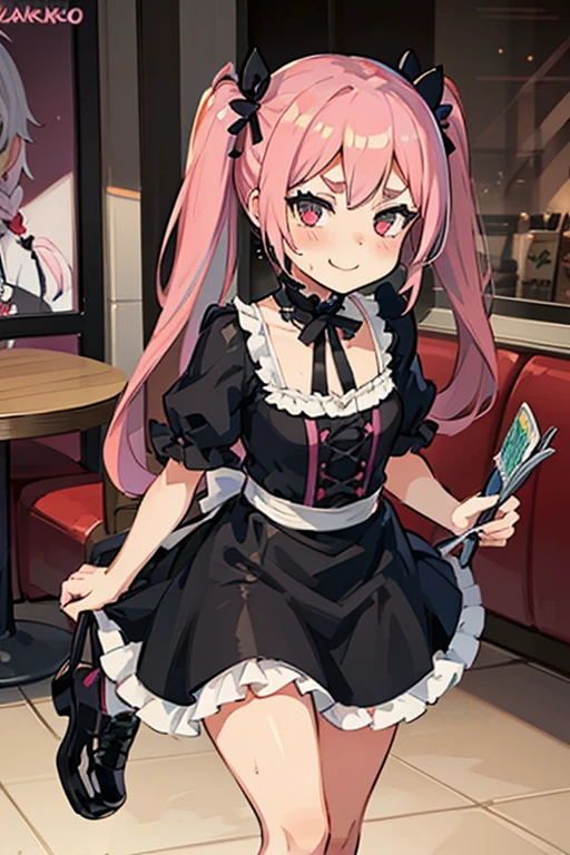 young girl with pink hair long twin-tail hairstyle, small thick eyebrows, with gothic ta clothes, loli(Zankuro) drawing style of the zankuro artist, Zancrow style, image uploaded to R34, walking in the mall, flirty smile , suddenly having sex in public, doggy style sex , ((public sex in restaurant))