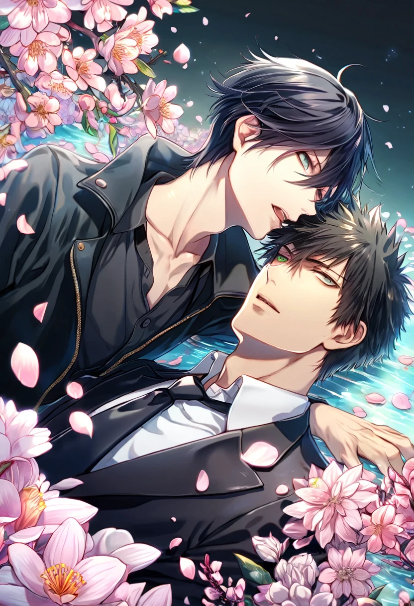 absurdres, highres, ultra detailed, HDR, master piece, best quality, extremely detailed, Ignis Scientia, brown hair, slicked up hair, closed eyes, Final Fantasy XV, Gladiolus Amicitia, brown hair, closed eyes, two sexy men kissing, gay couple, yaoi, handsome, black jacket, purple shirt, black gloves, fantasy, magic, sparkling, water, moon, green flowers, green butterflies