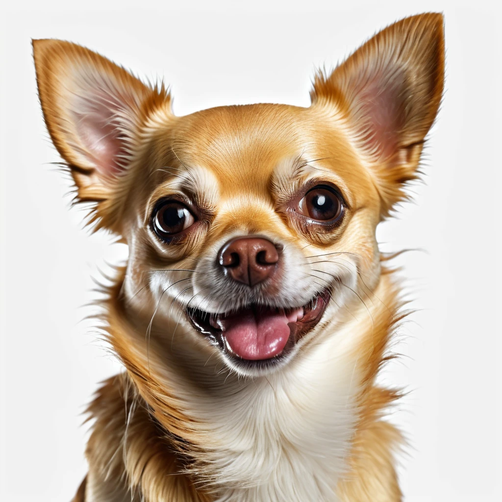 masterpiece, ultra realistic, UHD, 4k, a picture of a happy chihuahua dog face, white background
