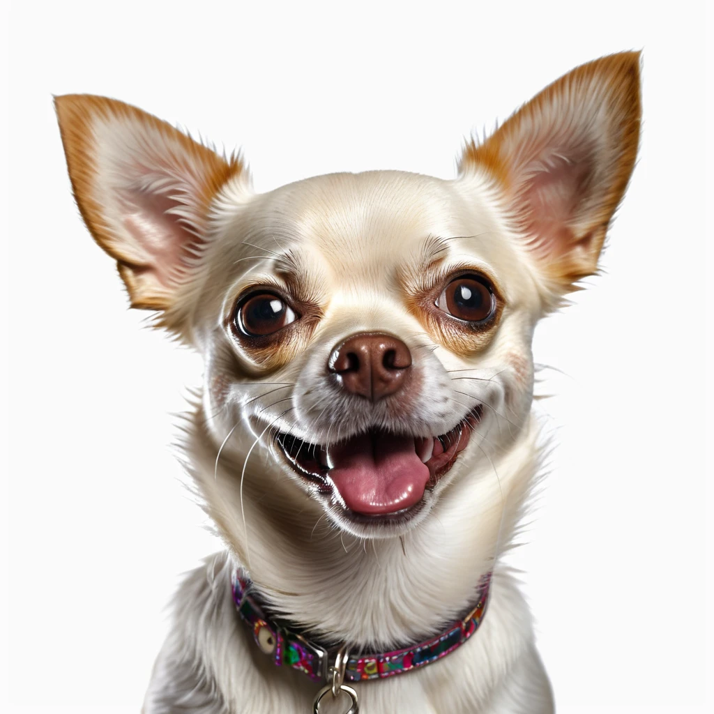 masterpiece, ultra realistic, UHD, 4k, a picture of a happy chihuahua dog face, white background
