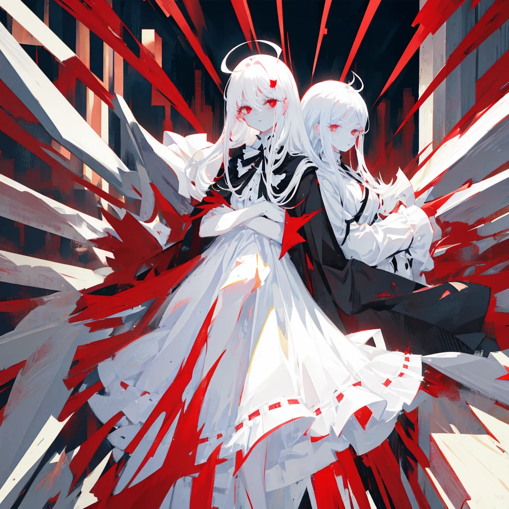 Masterpiece, top quality, bright colors, one girl, white hair, black hair, magenta hair, red eyes, glowing eyes, dark atmosphere, black wings, black halo, fallen angel, from below, descending from heaven, gothic clothes, looking down , Blood, ((Blood Moon, Red Moon))), Purple Aura, Divine Advent, Fire, Cinematic Lighting, Glowing Aura Lighting, Full Body, Spectacular Background, starrystarscloudcolorful