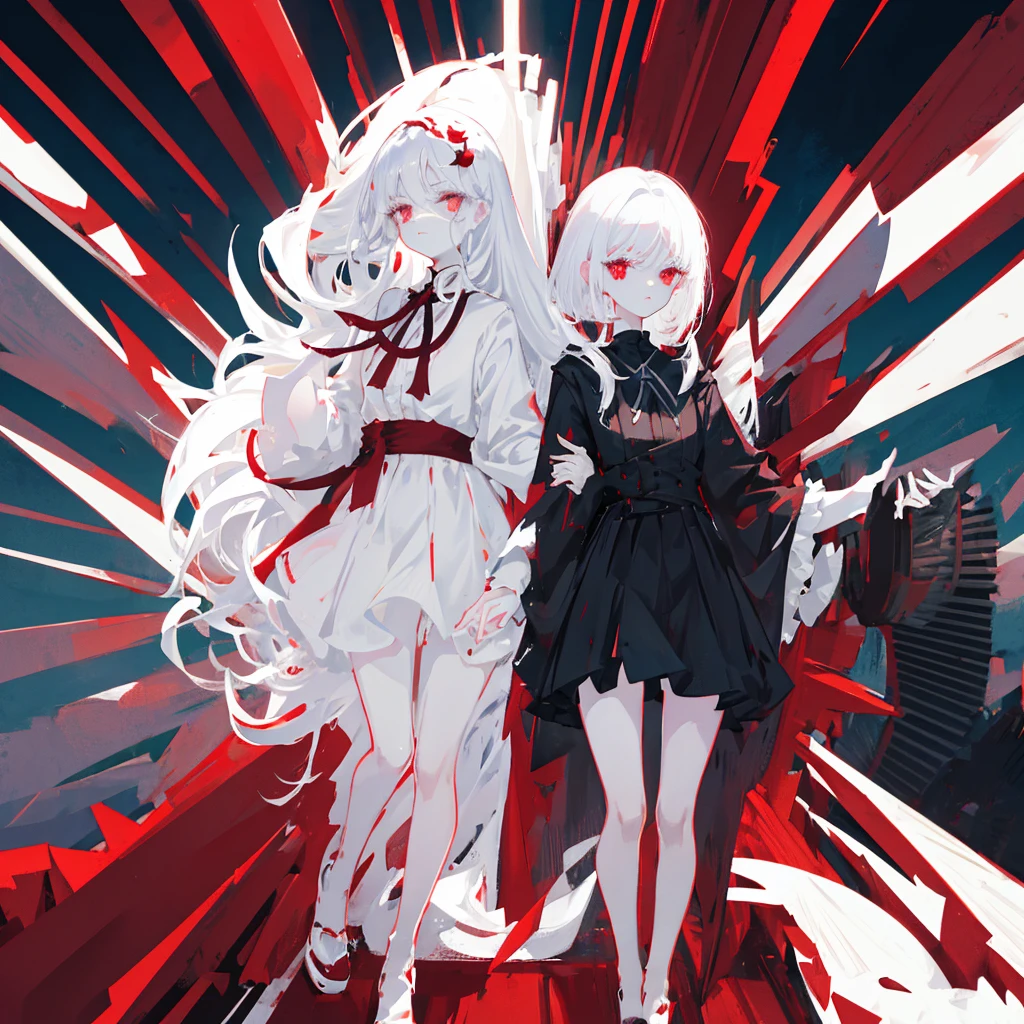 screenshot of black butler. young woman. short hair (white). pale skin. red eyes (long eyelashes). white dress. sea background (at night).