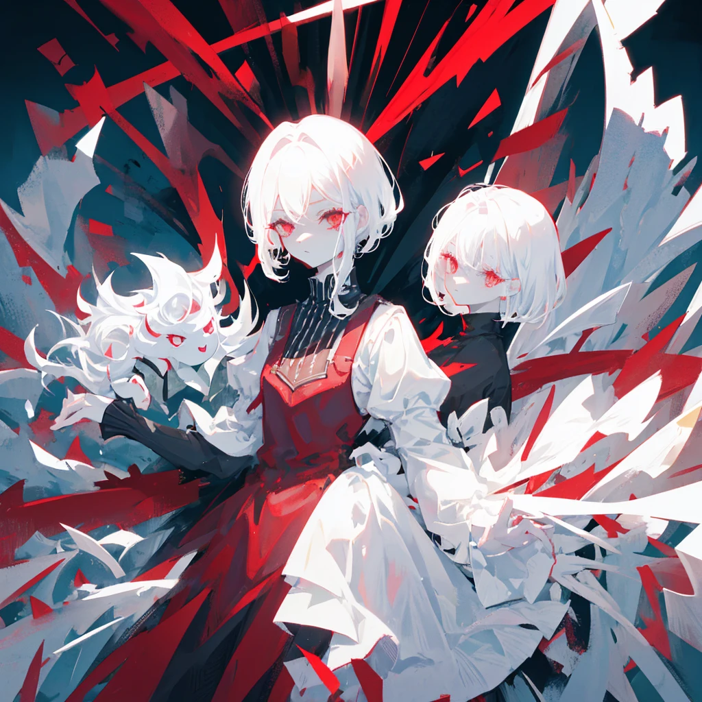screenshot of black butler. young woman. short hair (white). pale skin. red eyes (long eyelashes). white dress. sea background (at night).