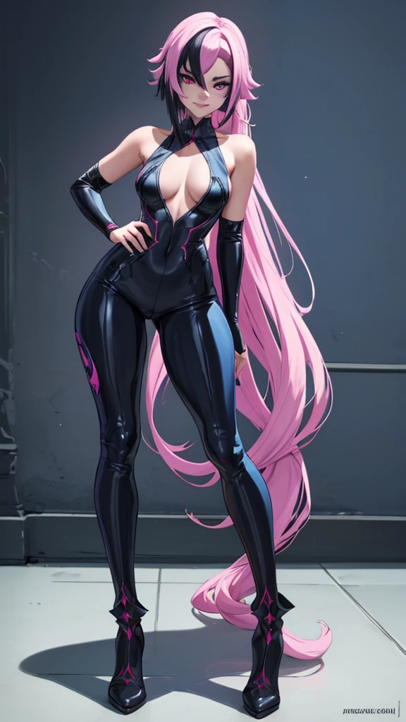 portraits of a, girl, in all its height (full body 1.1), city at night, , ,  magazine, fantasy city, standing , close your face,  focus, Upper part of the body, covers his  with his hands, covers his   with his palms, smile, smiling, Enthusiasm, face close up, glow in the dark paint, dark shades, dark blue background, Arcane style, Jinx de Arcano (character design 1.1.), standing in fighting stance, very long blue braids, two very long hair tails, Very detailed. animated style, The secret of animation., gloomy composition, The gloomy room, luminescent paint on the walls, drawings on the walls, gloomy atmosphere, bright pink eyes (highly detailed bright pink eyes, pink pupils 1.1), pink pupils, Ojos Very detaileds, beautiful figure, a 1 girl, beautiful figure (Proper  1.1.), slim figure, shapely legs, blue fur, long hair, Black leather skinny pants, Very detailed face, very beautiful face, very  , in all its height (full body 1.1), small elastic , small , beautiful figure delgada, small , tight black suit, Masterpiece，Best Quality，Very detailed，visible at the feet， 8K resolution， high