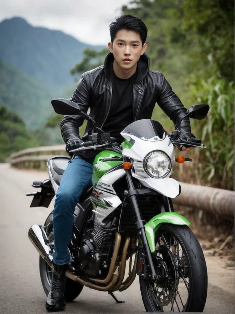 full body, a man is riding a big motorcycle
