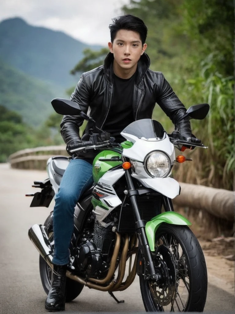 full body, a man is riding a big motorcycle