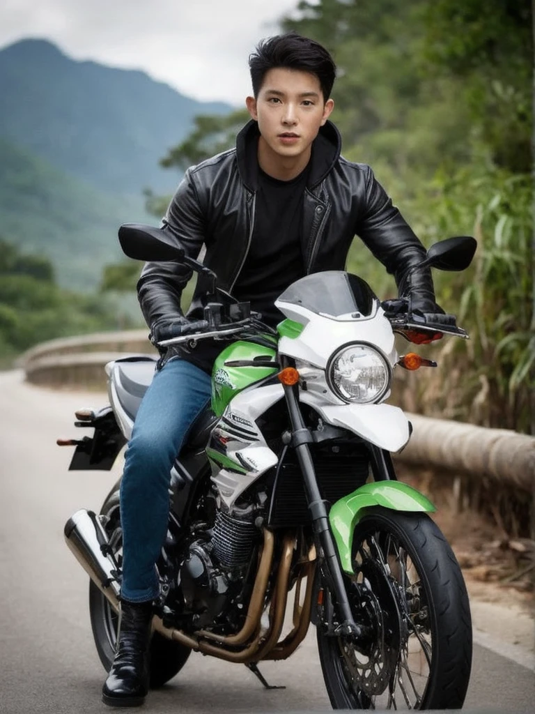 full body, a man is riding a big motorcycle