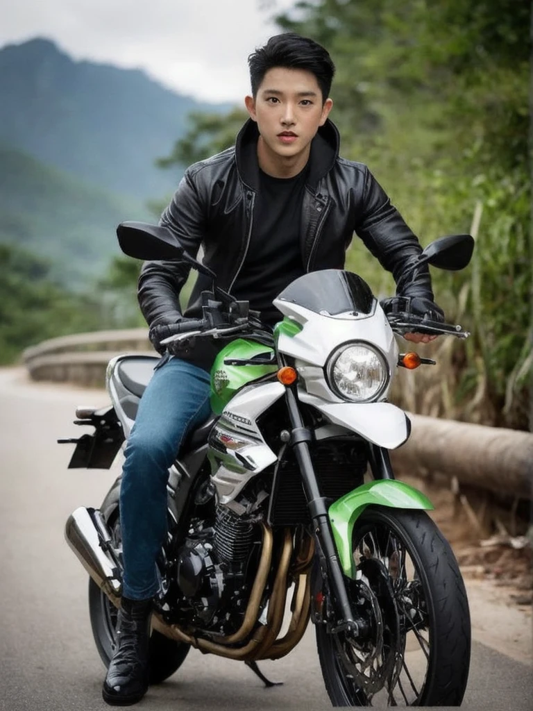 full body, a man is riding a big motorcycle