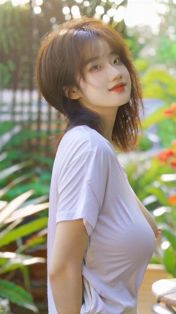 19yo [South Korea] woman wearing T-shirt with sides cut, showing sideboob, side-on, (from the side:1.2), (Huge Breasts:1.3), brown hair, natural lighting, in glasshouse with plants
