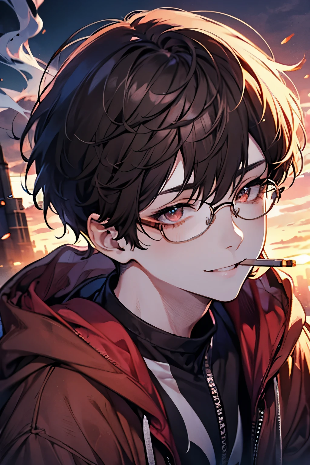 Beautiful young man, brown hair, short hair, red eyes,Shiny Sparkling eyes,Short sleeve hoodie,(smokes), sunrise, smoke,high quality, amount of drawing, pixiv illustration,beautiful image,perfect pixiv,close-up view,smile,glasses