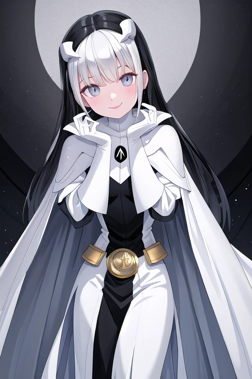 Phantom girl, long black hair, grey eyes, smile, white hair ornament, grey lips, white cape, best quality, masterpiece, cape covered whole body, no body
