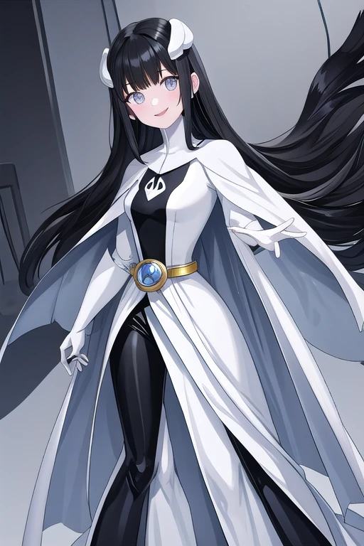 Phantom girl, long black hair, grey eyes, smile, white hair ornament, grey lips, white cape, best quality, masterpiece, cape covered whole body, no body