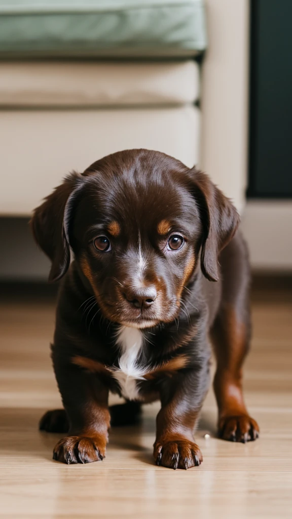 A small chocolate dog playing at home
