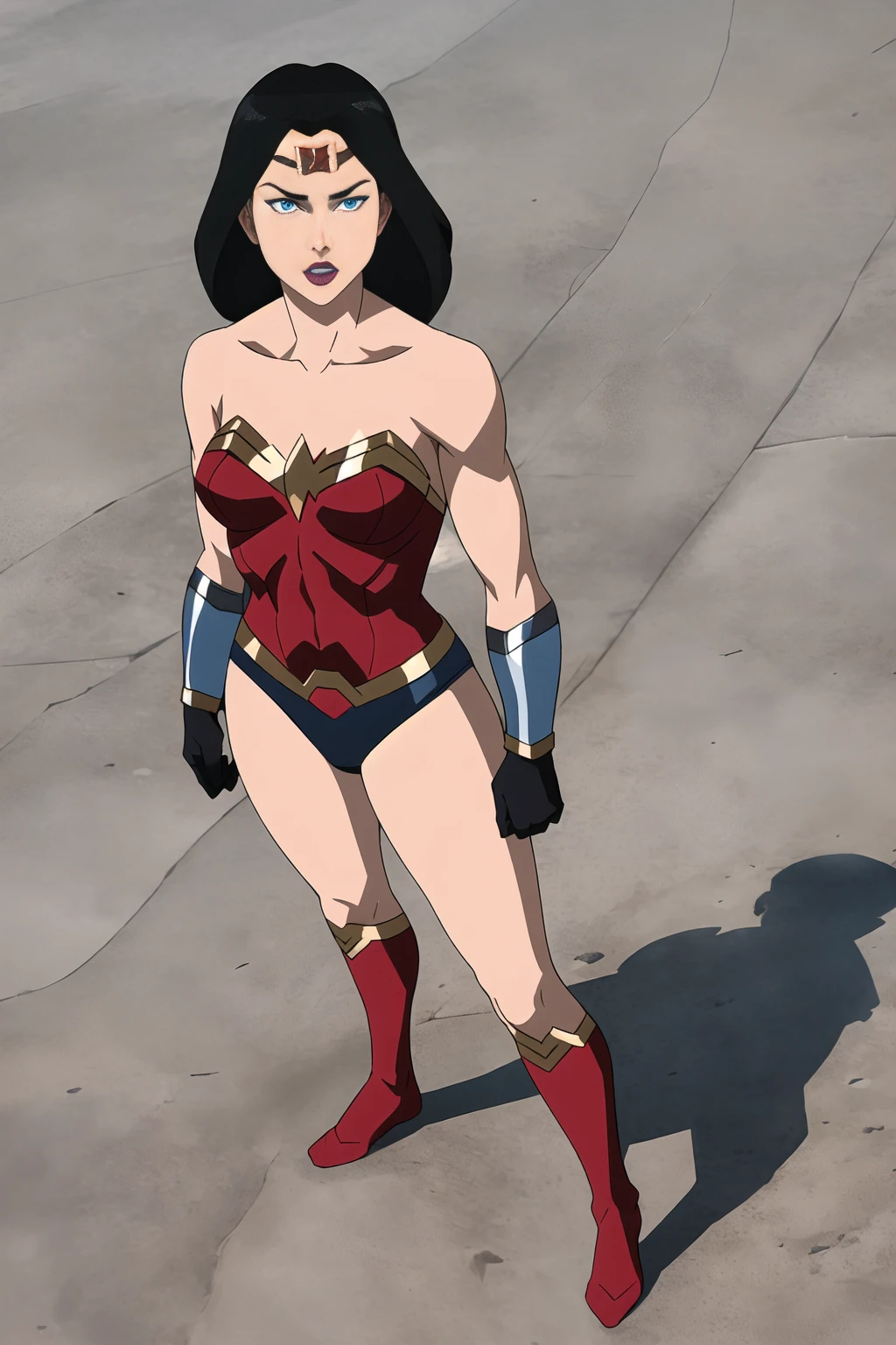 ((Full body photo, standing, feet on the ground)) wonder woman, 1girl, female focus, solo, black hair, blue eyes, superhero, gloves, makeup, lipstick, bodysuit, breasts, medium breasts, muscular, leotard, monitor, ((masterpiece))