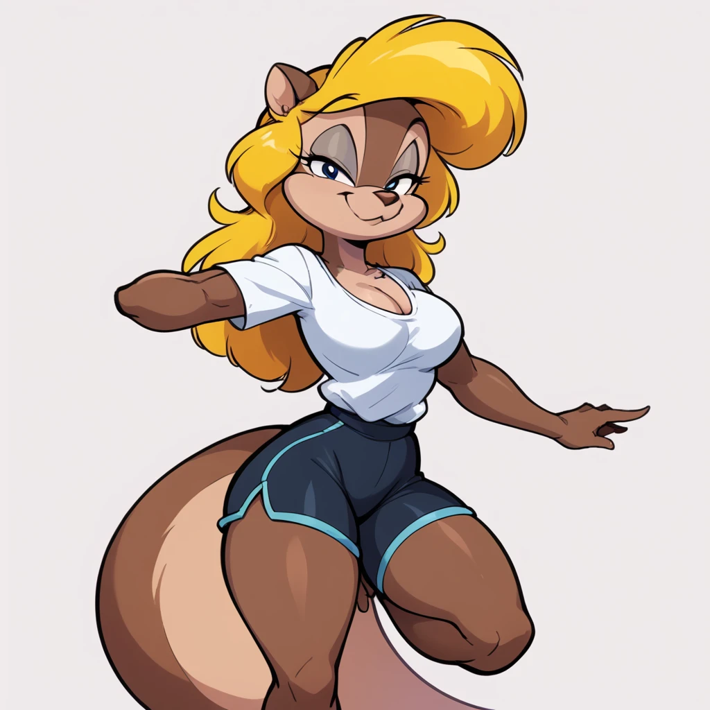 score_9, score_8_up, score_7_up, score_6_up, score_5_up, score_4_up, (Source furry), 1girl, solo, breasts, looking at viewer, smile, blue eyes, simple background, shirt, white background, animal ears, cleavage, medium breasts, closed mouth, falling down into a black hole, tail, full thick body, barefoot, furry, cyberworld environment, VHS Tapes and Smiley Faces floating around, black swimming shorts, has thick thighs, white shirt, animal nose, snout, amy squirrel , blonde hair, long hair, two tone fur, brown fur, furry female, body fur