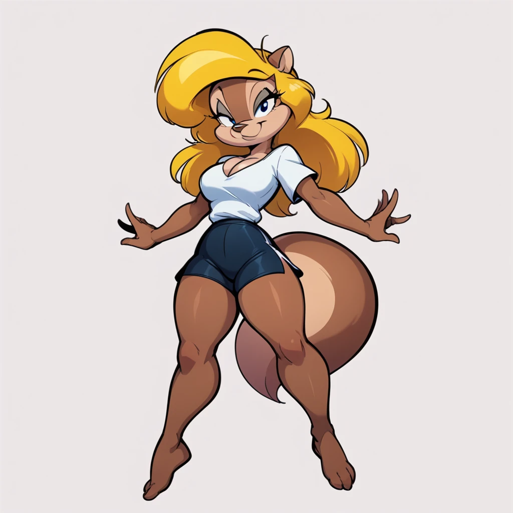 score_9, score_8_up, score_7_up, score_6_up, score_5_up, score_4_up, (Source furry), 1girl, solo, breasts, looking at viewer, smile, blue eyes, simple background, shirt, white background, animal ears, cleavage, medium breasts, closed mouth, falling down into a black hole, tail, full thick body, barefoot, furry, cyberworld environment, VHS Tapes and Smiley Faces floating around, black swimming shorts, has thick thighs, white shirt, animal nose, snout, amy squirrel , blonde hair, long hair, two tone fur, brown fur, furry female, body fur