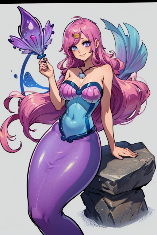 A pink haired female mermaid with violet eyes and an hourglass figure in violet shells and a pink mermaid tail is smiling on a rock