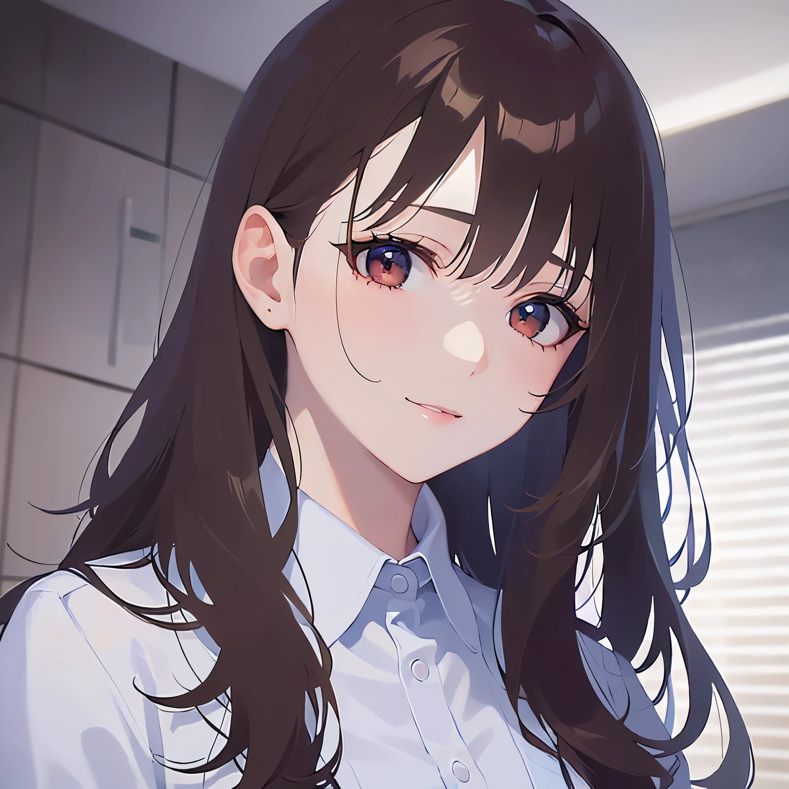 Placing hand on face, Upper Body, Realistic, real person, (pale skin: 1.2), RAW photo, photorealistic, shiny skin, shiny hair、(A 25-year-old woman with medium-length hair and bangs) and (wavy hair) and (brown hair) and (Orange Eyes) , (business suit:1.5) and (white collared shirt) 、smile, Background is an office room、Alone、Are standing