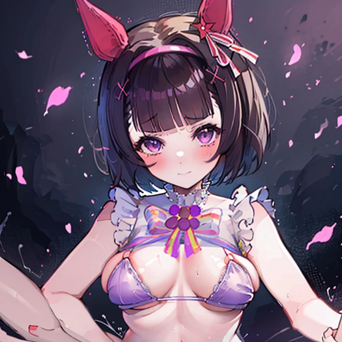 NSFW,((1 man with 1 woman,teniendo sexo)), cowgirl,Riding on top of a naked man,vaginal,sex,A dress is being lifted,bare chest,teats,Genital,revealing outfit,Uma Musume,nishino flower,Marl,short hair,red headband,beautiful purple eyes,purple and yellow dresses,bow ribbon,little ,in,curvilinear,Smile with your mouth open,flower petals,red blush,shy face,Superior image quality,high resolution,Best Quality