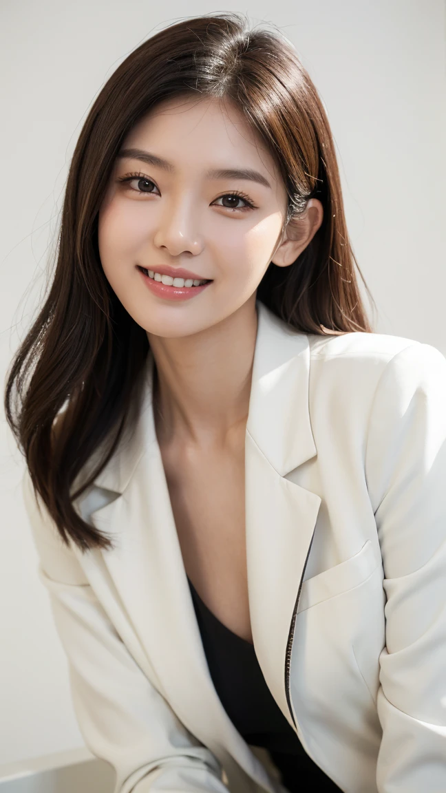 southeast Asian woman, Age 20-30 years old, slim woman, with collar bone, brown hair, small breast, young professional look, wearing formal attire, color white blazer, color white inner shirts, smiling on the camera, decent looks, angel face, loose close up shoot, perfect lighting, indoor studio, white background, photo studio, Photography, professional photography, photo studio, stock image.